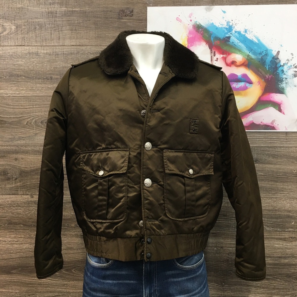 Vintage Tuffy Mens Bomber Flight Jacket Olive Brown Faux Fur Collar‎ Quilted 44